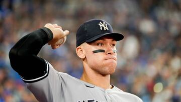 TORONTO,  - SEPTEMBER 26:   Aaron Judge #99 of the New York Yankees throws the baseball in the second inning during the game between the New York Yankees and the Toronto Blue Jays at Rogers Centre on Monday, September 26, 2022 in Toronto, Canada. (Photo by Thomas Skrlj/MLB Photos via Getty Images)