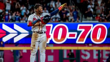 Atlanta (United States), 27/09/2023.- Atlanta Braves right fielder Ronald Acuna Jr. reacts after stealing his 70th base which goes with his 40 homeruns so far this season against the Chicago Cubs during the tenth during of an MLB baseball game between the Chicago Cubs and the Atlanta Braves at Truist Park in Atlanta, Georgia, USA, 27 September 2023. Acuna Jr. scored the winning run in tonights game. EFE/EPA/ERIK S. LESSER