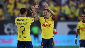 Aug 9, 2024; San Diego, California, USA; Club America midfielder Brian Rodriguez (7) and midfielder Alvaro Fidalgo (8) celebrate after a goal was scored against Atlas at Snapdragon Stadium. Mandatory Credit: Abe Arredondo-USA TODAY Sports