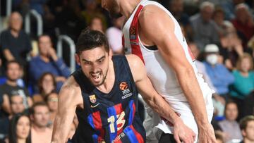 Tomas Satoranski, #13 of FC Barcelona in action during the 2022/2023 Turkish Airlines EuroLeague match between FC Barcelona and Olympiacos Piraeus at Palau Blaugrana on October 07, 2022 in Barcelona, Spain.