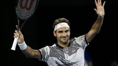 Switzerland&#039;s Roger Federer celebrates after defeating Austria&#039;s Jurgen Melzer in their first round match at the Australian Open tennis championships in Melbourne, Australia, Monday, Jan. 16, 2017. (AP Photo/Aaron Favila)