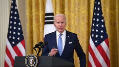 US President Joe Biden looks on during a press conference with South Korean President Moon Jae-in in the State Dining Room of the White House in Washington, DC on May 21, 2021. (Photo by Brendan SMIALOWSKI / AFP)