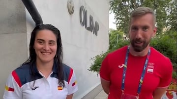 La jugadora de balonmano Patricia Encinas y el pirag¨¹ista Carlos Ar¨¦valo, tras ser confirmados como abanderados de Espa?a en la ceremonia inaugural de los Juegos Europeos