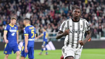 Torino (Italy), 01/04/2023.- Juventus' Moise Kean jubilates after scoring during the italian Serie A soccer match Juventus FC vs Hellas Verona FC at the Allianz Stadium in Torino, Italy, 01 April 2023. (Italia) EFE/EPA/ALESSANDRO DI MARCO
