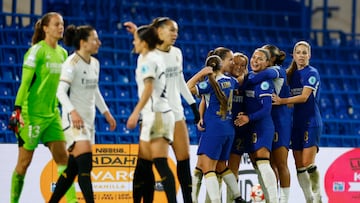 Soccer Football - Women's Champions League - Group D - Chelsea v Real Madrid - Stamford Bridge, London, Britain - January 24, 2024 Chelsea's Erin Cuthbert celebrates scoring their second goal with teammates Action Images via Reuters/Peter Cziborra
