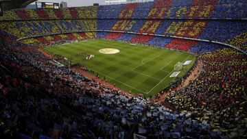 (FILES) This file photo taken on May 6, 2018 shows a general view shows the Spanish league football match between FC Barcelona and Real Madrid CF at the Camp Nou stadium in Barcelona. - For the first time the legendary Camp Nou stadium in Barcelona will h