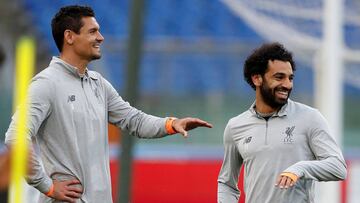 Soccer Football - Champions League - Liverpool Training - Stadio Olimpico, Rome, Italy - May 1, 2018 Liverpool's Dejan Lovren and Mohamed Salah during training Action Images via Reuters/John Sibley