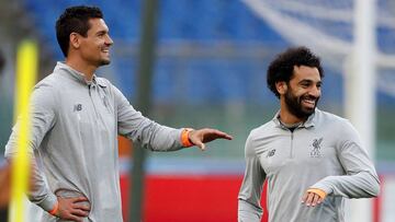 Soccer Football - Champions League - Liverpool Training - Stadio Olimpico, Rome, Italy - May 1, 2018   Liverpool&#039;s Dejan Lovren and Mohamed Salah during training   Action Images via Reuters/John Sibley