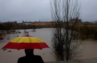 Un hombre sostiene un paraguas con los colores de la bandera española mientras observa la inundación del río Guadalquivir a su paso por debajo del Puente Romano.