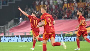 Roma's Italian forward #11 Andrea Belotti celebrates after scoring a second goal during the Italian Serie A football match Roma vs Salernitana on August 20, 2023 at the Olympic stadium in Rome. (Photo by Alberto PIZZOLI / AFP)