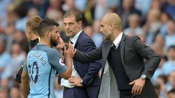 Ag&uuml;ero junto a Pep Guardiola en el Manchester City-West Ham. 