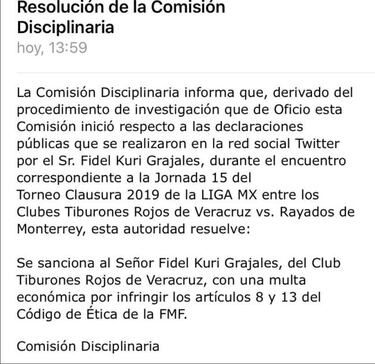 Fidel Kuri sancionado tras criticar al VAR por twitter