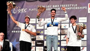 Podio Campeonato Europa BMX Freestyle Flatland 2024: Matthias Dandois, Viki Gómez, Julien Baran.