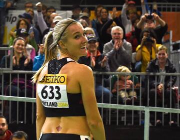 Brianne Theisen-Eaton reacts after winning the Pentathlon.