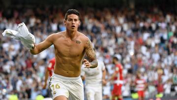 James Rodr&iacute;guez celebra su primer gol con el Real Madrid