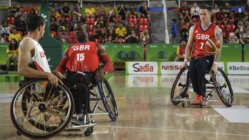 RIO DE JANEIRO, BRAZIL - SEPTEMBER 15: (from L to R) Ademola Orogbemi and Terry Bywater of Great Britain compete during match between Great Britain and Spain on Mens Wheelchair Basketball on day 8 of the Rio 2016 Paralympic Games at Rio Olympic Arena on September 15, 2016 in Rio de Janeiro, Brazil. (Photo by Raphael Dias/Getty Images)