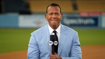 Oct 26, 2024; Los Angeles, California, USA; Fox Sports broadcaster Alex Rodriguez speaks on field after game two between the Los Angeles Dodgers and the New York Yankees in the 2024 MLB World Series at Dodger Stadium. Mandatory Credit: Kirby Lee-Imagn Images
