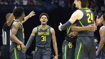 MaCio Teague #31 of the Baylor Bears reacts in the second half of the National Championship game of the 2021 NCAA Men's Basketball Tournament against the Gonzaga Bulldogs at Lucas Oil Stadium on April 05, 2021 in Indianapolis, Indiana.