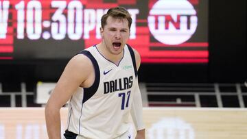 Dallas Mavericks guard Luka Doncic celebrates after they scored during the second half in Game 5 of an NBA basketball first-round playoff series against the Los Angeles Clippers Wednesday, June 2, 2021, in Los Angeles. (AP Photo/Mark J. Terrill)