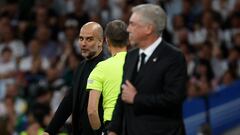 MADRID, 09/05/2023.- El técnico español del Manchester City, Pep Guardiola, durante el encuentro correspondiente a la ida de las semifinales de la Liga de Campeones que disputan hoy martes frente al Real Madrid en el estadio Santiago Bernabéu, en Madrid. EFE / Juanjo Martín.
