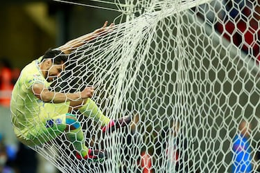 Henry Martín, del América, celebra su gol de esta peculiar manera, lanzándose contra la red de la portería, en lo que era el cuarto tanto de su equipo (2-4) frente al Chivas. El partido correspondía a la jornada 12 del torneo clausura de la liga mexicana, disputado en el Estadio Akron, en Guadalajara (México).