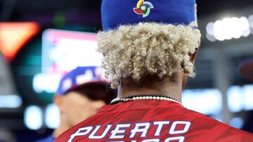 MIAMI, FL - MARCH 10: Aj detail shot of Francisco Lindor #12 of Team Puerto Ricos hair is seen during the 2023 WBC Workout Day Miami at loanDepot Park on Friday, March 10, 2023 in Miami, Florida. (Photo by Rob Tringali/WBCI/MLB Photos via Getty Images)