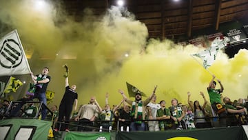 Sep 25, 2019; Portland, OR, USA; Portland Timbers fans celebrate after a goal during the second half against the New England Revolution at Providence Park. The game ended tied 2-2. Mandatory Credit: Troy Wayrynen-USA TODAY Sports