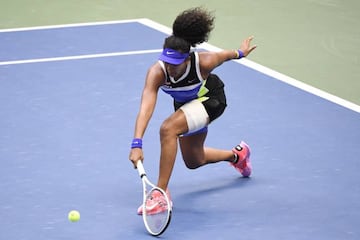 Sep 12 2020; Flushing Meadows, New York, USA; Naomi Osaka of Japan reaches for a backhand against Victoria Azarenka of Belarus (not pictured) in the women's singles final on day thirteen of the 2020 U.S. Open tennis tournament at USTA Billie Jean King Nat