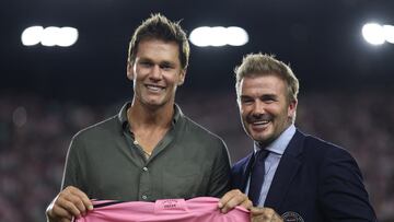 Aug 24, 2024; Fort Lauderdale, Florida, USA; Inter Miami president and co-owner David Beckham presents a jersey to former NFL player Tom Brady during the match between the FC Cincinnati and the Inter Miami at Chase Stadium. Mandatory Credit: Nathan Ray Seebeck-USA TODAY Sports