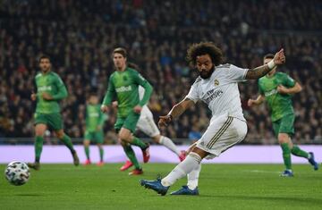 Letting fly | Marcelo of Real Madrid scores his team's opening goal during the Copa del Rey Quarter Final at the Bernabeu.