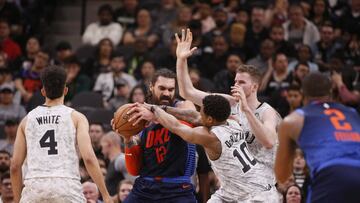 Mar 2, 2019; San Antonio, TX, USA; San Antonio Spurs shooting guard DeMar DeRozan (10) attempts to strip the ball from Oklahoma City Thunder&nbsp;center Steven Adams (12) during the first half at AT&amp;T Center. Mandatory Credit: Soobum Im-USA TODAY Sports