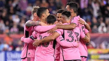 Apr 27, 2024; Foxborough, Massachusetts, USA; Inter Miami CF midfielder Lionel Messi (10) celebrates with teammates after his goal in the second half against the New England Revolution at Gillette Stadium. Mandatory Credit: Eric Canha-USA TODAY Sports