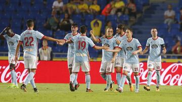Los futbolistas del Celta celebran su quinta tanto en la victoria por 2-5 ante el Las Palmas.
