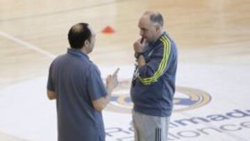 Pablo Laso charla con Chus Mateo durante un entrenamiento.
