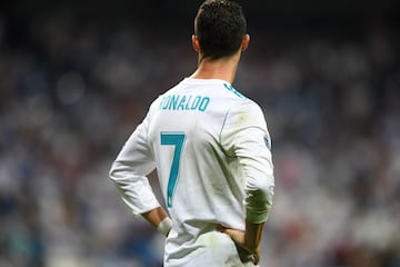 Real Madrid's forward from Portugal Cristiano Ronaldo looks on after the UEFA Champions League football match Real Madrid CF vs APOEL FC at the Santiago Bernabeu stadium in Madrid 