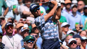 Golf - The Masters - Augusta National Golf Club, Augusta, Georgia, U.S. - April 8, 2024   Rickie Fowler of the U.S. hits his tee shot on the 12th hole during a practice round REUTERS/Mike Blake