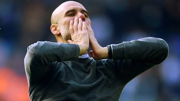 Soccer Football - Premier League - Brighton &amp; Hove Albion v Manchester City - The American Express Community Stadium, Brighton, Britain - May 12, 2019  Manchester City manager Pep Guardiola celebrates winning the Premier League               REUTERS/T