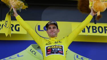 NYBORG, DENMARK - JULY 02: Wout Van Aert of Belgium and Team Jumbo - Visma celebrates at podium as Yellow Leader Jersey winner during the 109th Tour de France 2022, Stage 2 a 202,2km stage from Roskilde to Nyborg / #TDF2022 / #WorldTour / on July 02, 2022 in Nyborg, Denmark. (Photo by Tim de Waele/Getty Images)