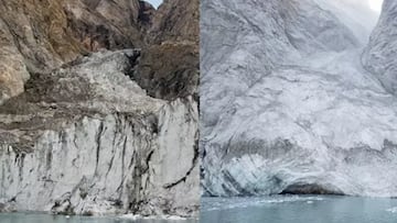Imagen del antes y el después del desprendimiento de rocas en el fiordo Dickson en Groenlandia.