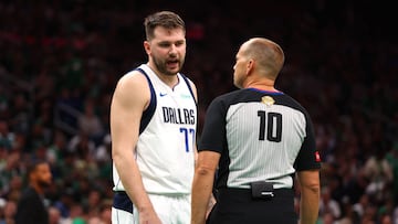 Luka Doncic #77 of the Dallas Mavericks speaks to referee John Goble #10 during the first quarter against the Boston Celtics in Game Two