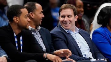 DALLAS, TEXAS - FEBRUARY 12: (L-R) General manager Nico Harrison and new majority owner and Governor Patrick Dumont of the Dallas Mavericks talk during the first half of the game against the Washington Wizards at American Airlines Center on February 12, 2024 in Dallas, Texas. NOTE TO USER: User expressly acknowledges and agrees that, by downloading and or using this photograph, User is consenting to the terms and conditions of the Getty Images License Agreement. (Photo by Sam Hodde/Getty Images)
