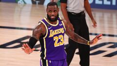 Sep 26, 2020; Lake Buena Vista, Florida, USA; Los Angeles Lakers forward LeBron James (23) reacts against the Denver Nuggets during the fourth quarter in game five of the Western Conference Finals of the 2020 NBA Playoffs at AdventHealth Arena. Mandatory Credit: Kim Klement-USA TODAY Sports