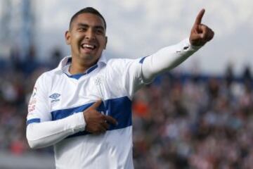 Fútbol, Universidad Católica v Palestino.
Décima fecha, campeonato de Apertura 2015.
El jugador de Universidad Católica, Jeisson Vargas, celebra su gol contra Palestino  durante el partido de primera división disputado en el estadio San Carlos de Apoquind