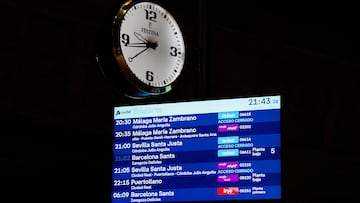 An information screen at the Atocha train station, amid train delays and cancellations, following a deadly derailment of two high-speed trains in Adamuz near, Cordoba, according to local police reports, in Madrid, Spain, January 18, 2026. REUTERS/Ana Beltran