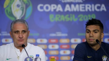 Soccer Football - Copa America - Brazil Press Conference - Morumbi Stadium, Sao Paulo, Brazil - June 13, 2019 Brazil coach Tite and Casemiro during press conference REUTERS/Ueslei Marcelino