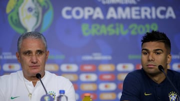 Soccer Football - Copa America - Brazil Press Conference - Morumbi Stadium, Sao Paulo, Brazil - June 13, 2019            Brazil coach Tite and Casemiro during press conference   REUTERS/Ueslei Marcelino