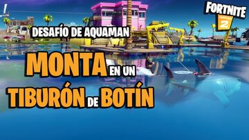 Fortnite - Desaf&iacute;o de Aquaman: usa una ca&ntilde;a de pescar para deslizarte detr&aacute;s de un tibur&oacute;n de bot&iacute;n en Arenas Ardientes