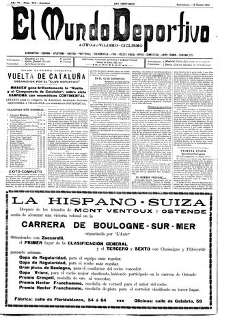La primera edición de la Volta se celebró entre el 6 y el 8 de enero de 1911. En esta página informó Mundo Deportivo sobre la carrera, que ayudó a organizar.