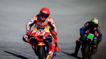 Repsol Honda Team Spanish rider Marc Marquez (L) and Monster Energy Yamaha MotoGP Italian rider Franco Morbidelli compete during the sprint race at the Red Bull Ring race track in Spielberg, Austria on August 18, 2023, ahead of the MotoGP Austrian Grand Prix. (Photo by Jure Makovec / AFP)