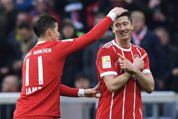 Bayern Munich's Colombian midfielder James Rodriguez and Polish striker Robert Lewandowski.